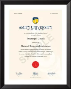 Amity Online MBA Sample Certificate