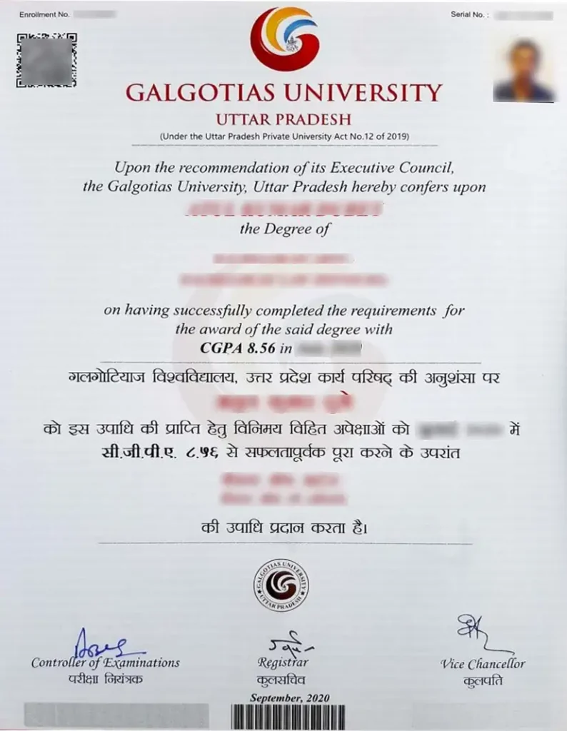 galgotias university sample certificate online