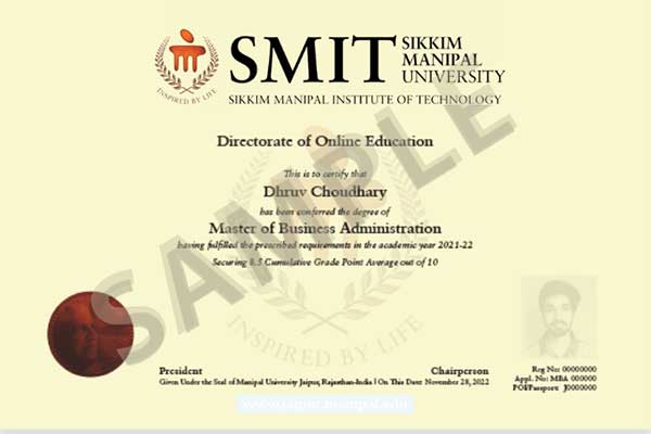 Sikkim Manipal Online -degree sample certificate