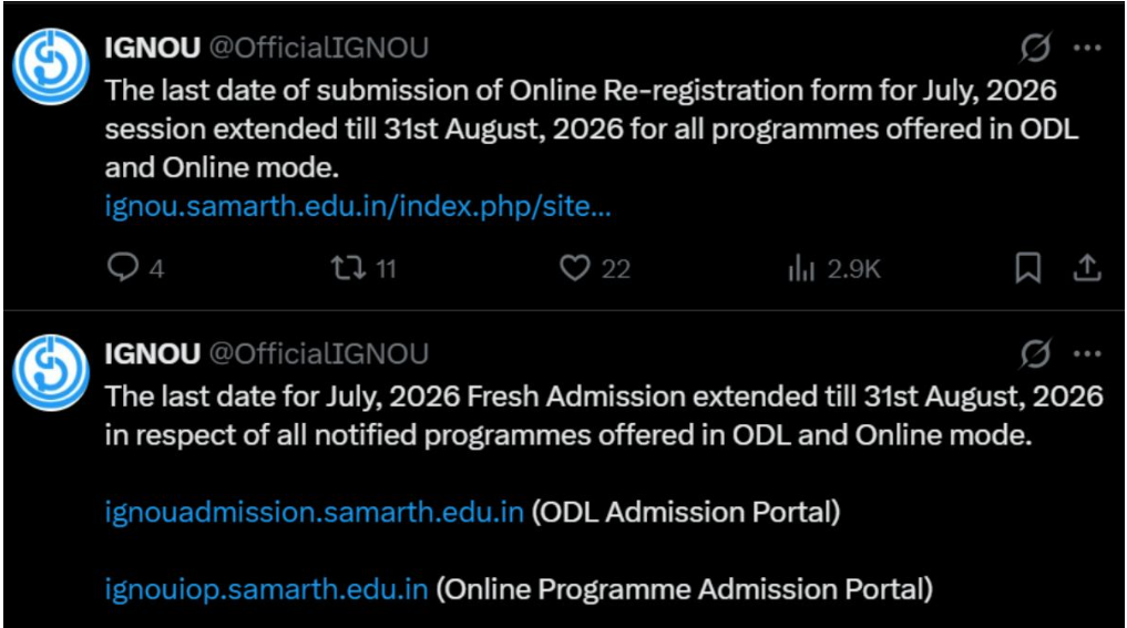 Big Relief for IGNOU Aspirants: July 2026 Admission Deadline Pushed to 31st August