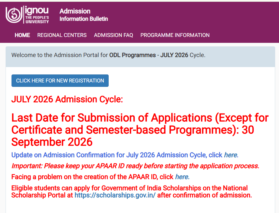IGNOU July 2026 Admission Deadline Extended Again: Apply Till 30 September